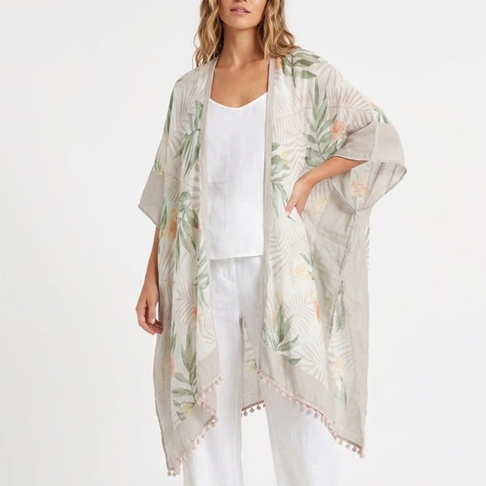 Modena Tropical Palm Floral Kimono Wrap Pom Pom Trim OS